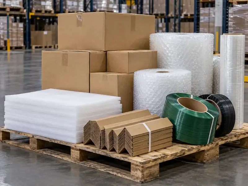 Cajas de cartón, foam y material de empaque industrial sobre tarima