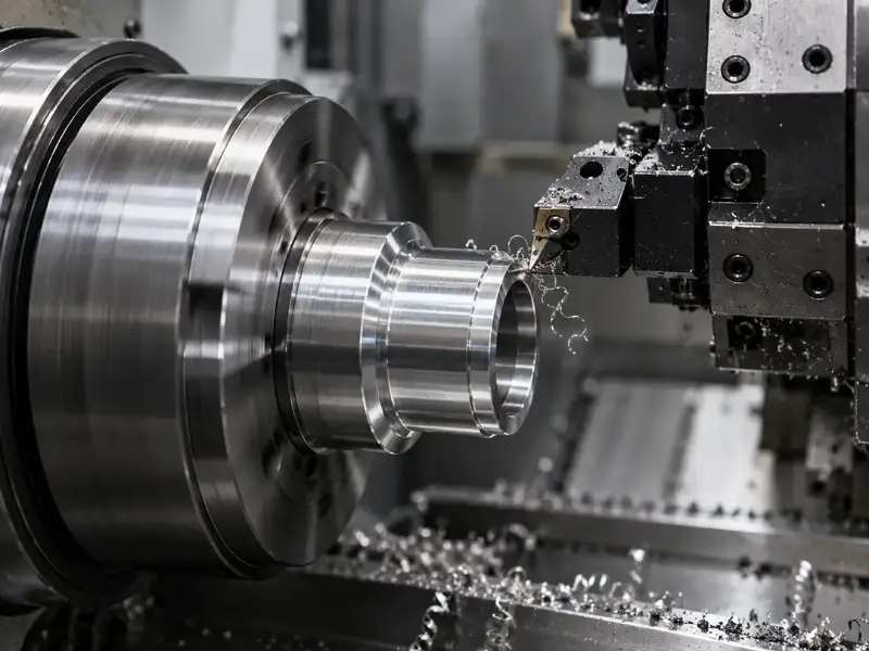 Torno maquinando una pieza metálica